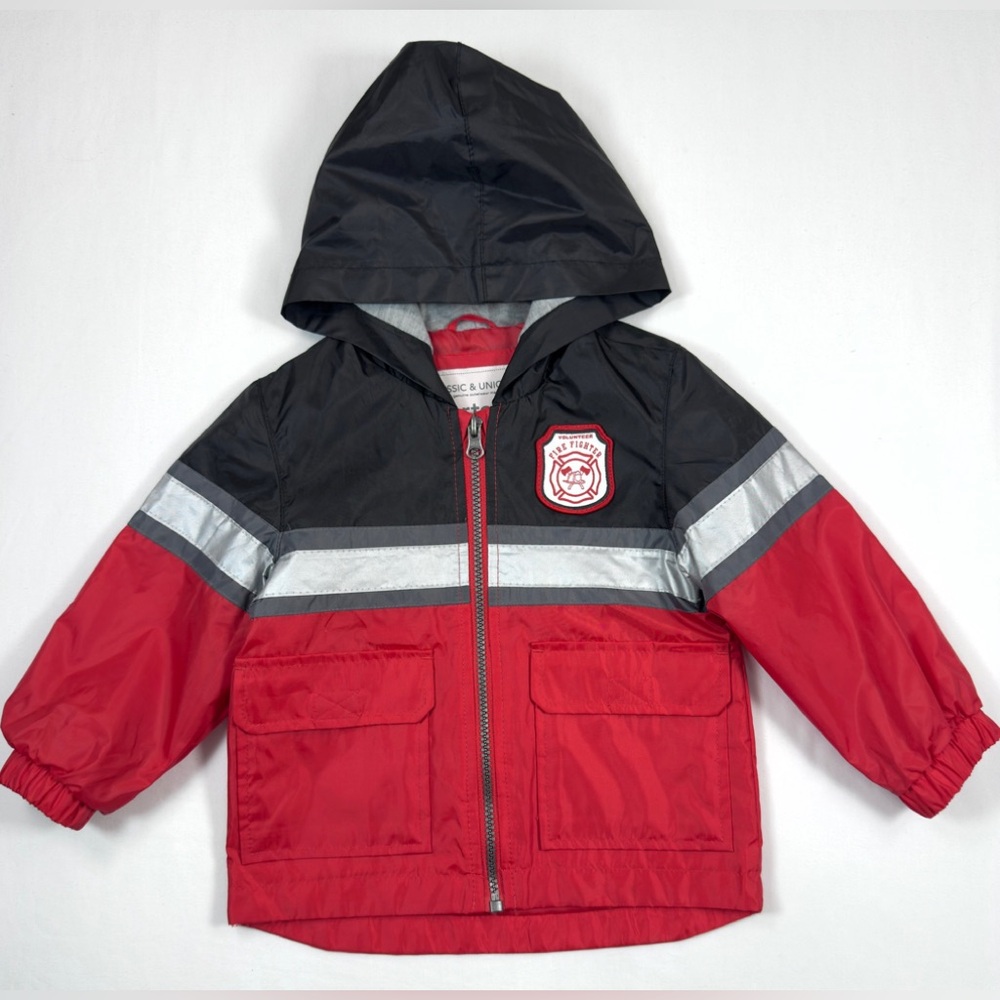 CARTERS Boys Firefighter Hooded Jacket 2T Red Black‎ Reflective Outdoor